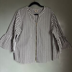 ANNE KLEIN Women's XL Black White Check Flutter Sleeve 100% Cotton Top Classic